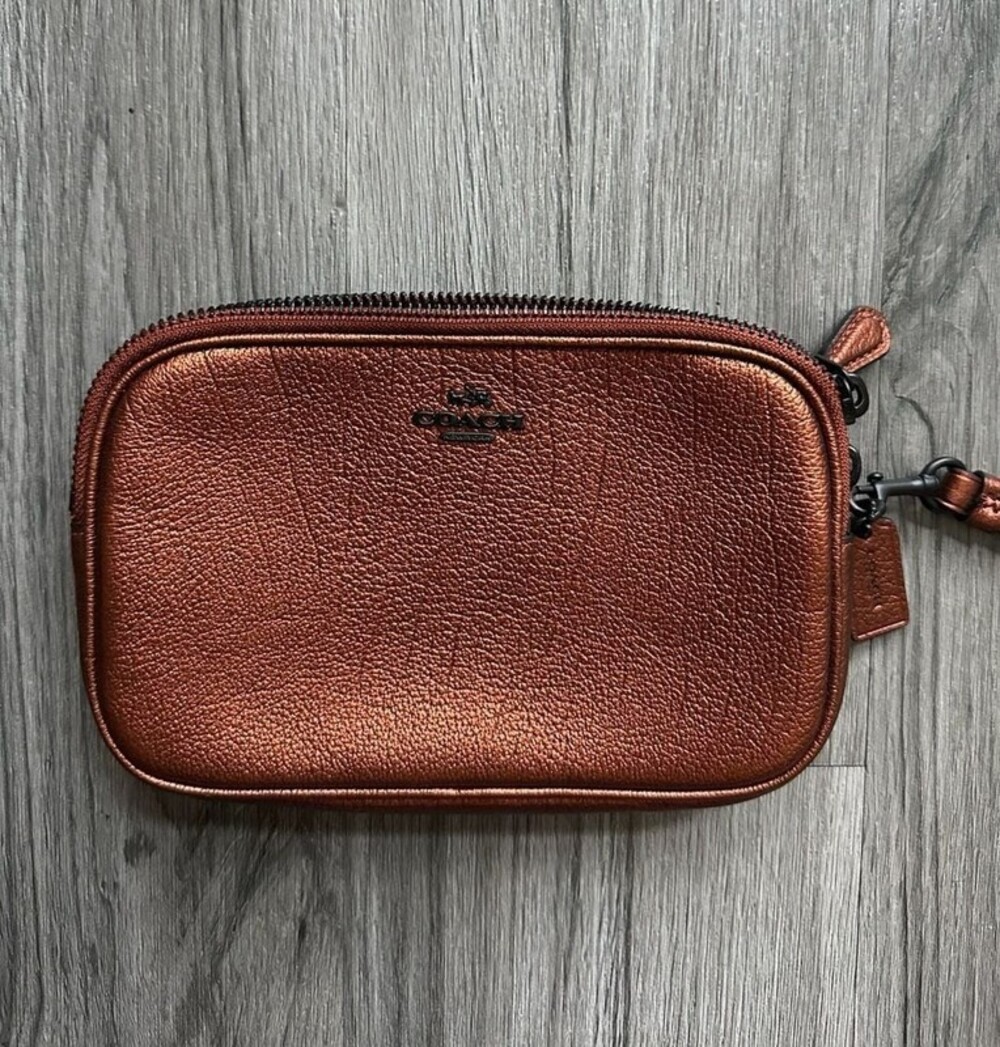COACH Metallic Bronze Pebbled Double Zip Wallet Wrist Purse Clutch New